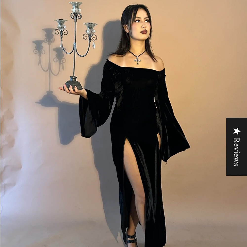 Goth Morticia Black Slit Dress Size XS
